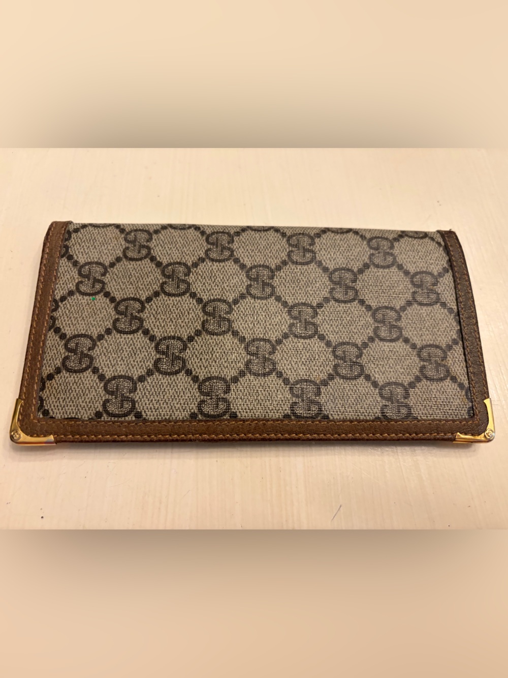 Gucci Beige Monogram Long Wallet with Brown Trim and Gold Corners
